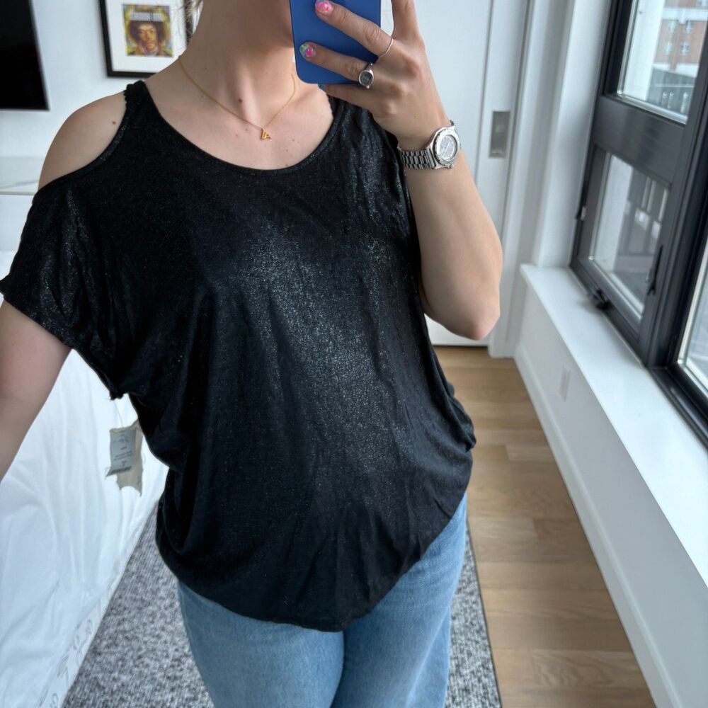 Soft by Joie Shimmer Cold Shoulder Top Black Caviar Small - Picture 3 of 11